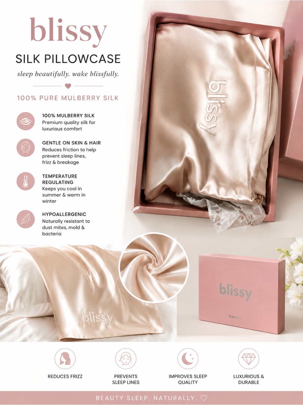 Bliss Silk Pillowcase in Champagne Pink